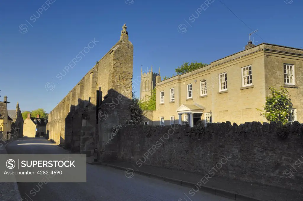 England, Somerset, Bruton. The stone precinct wall of Bruton Abbey. The site of the old Abbey is now largely under school buildings and playing fields.