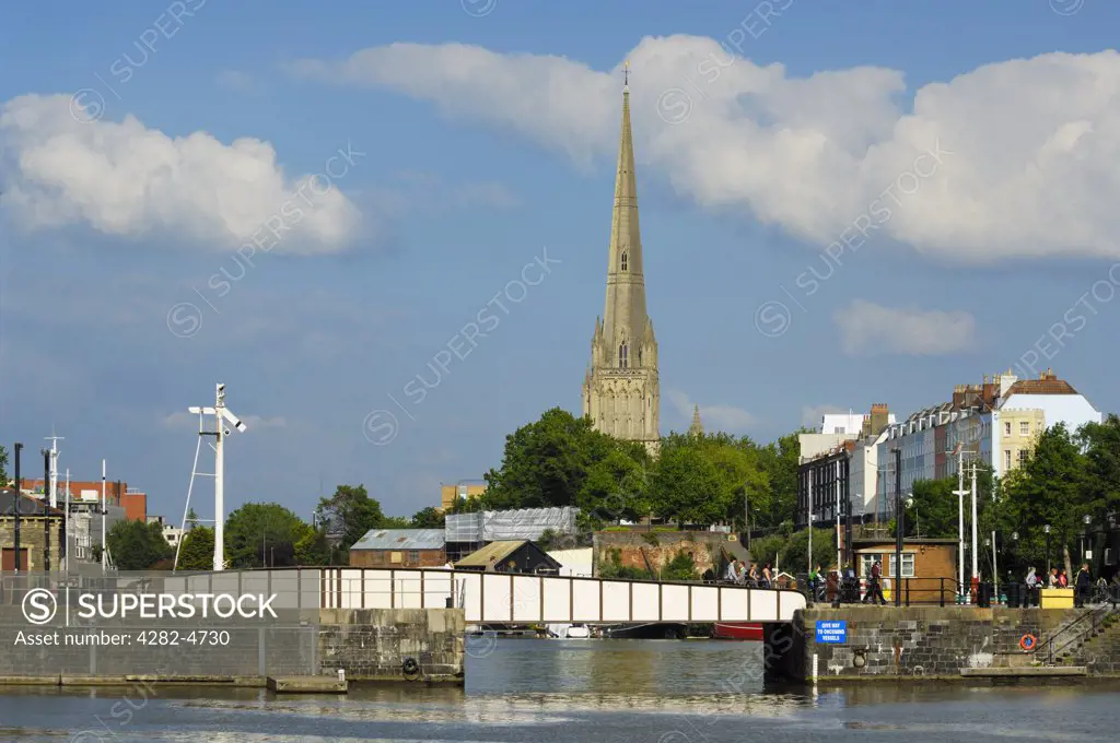 England, Bristol, Bristol. Prince Street swing Bridge and the spire of St. Mary Redcliffe church.