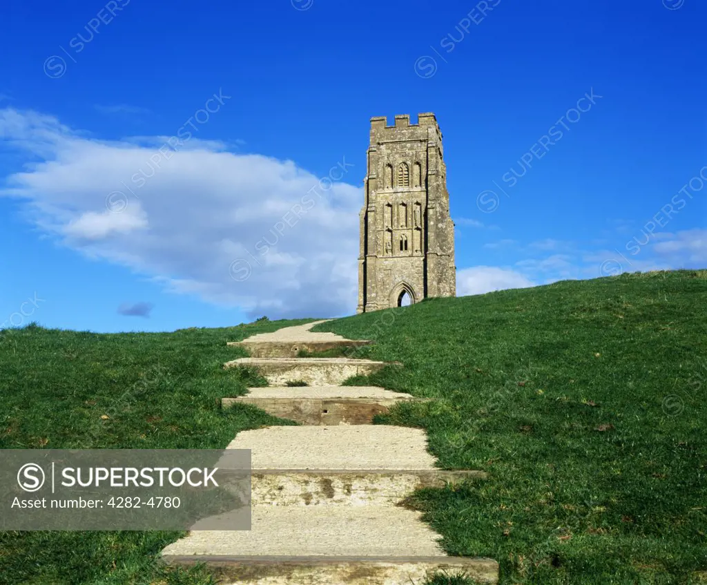 England, Somerset, Glastonbury. Pathway leading up to St. Michaels Tower on the top of Glastonbury Tor.