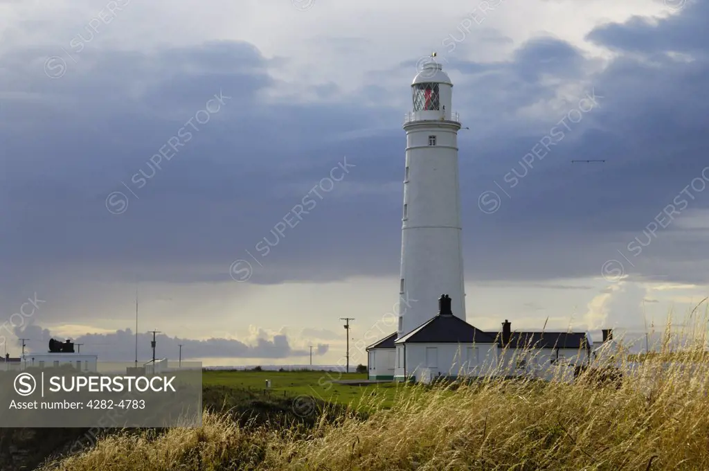 Wales, Glamorgan, Marcross. View toward the lighthouse at Nash Point on the Glamorgan Heritage Coast.