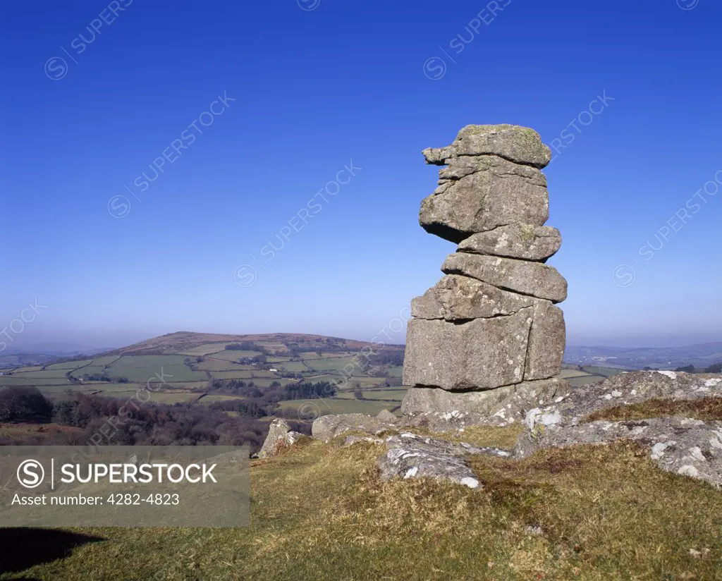 England, Devon, Manaton. Bowermans Nose granite stack at Hayne Down in Dartmoor National Park.