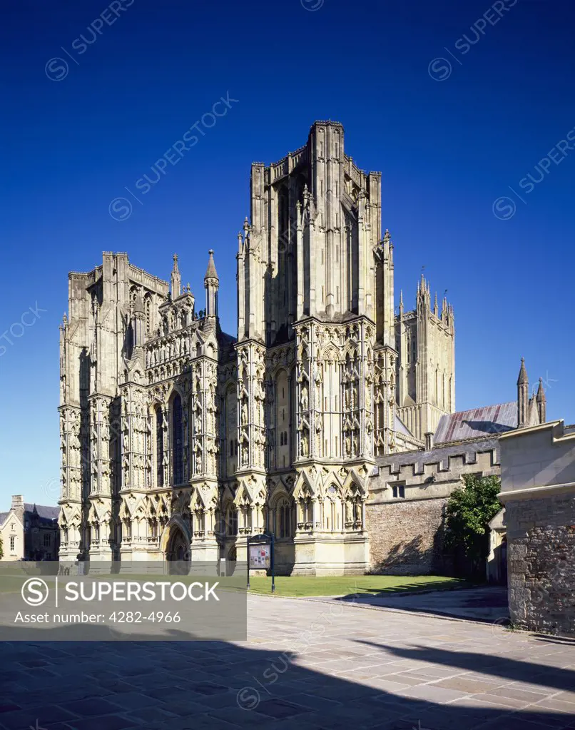 England, Somerset, Wells. The West face of Wells cathedral.