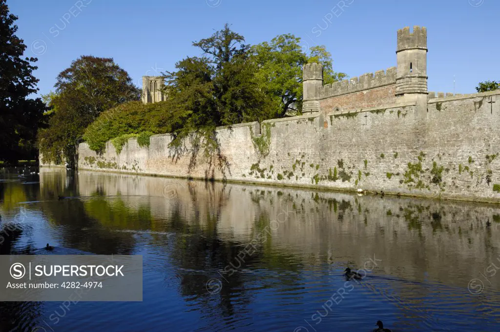 England, Somerset, Wells. The moat and wall around the Bishop's Palace and garden adjacent to Wells Cathedral.