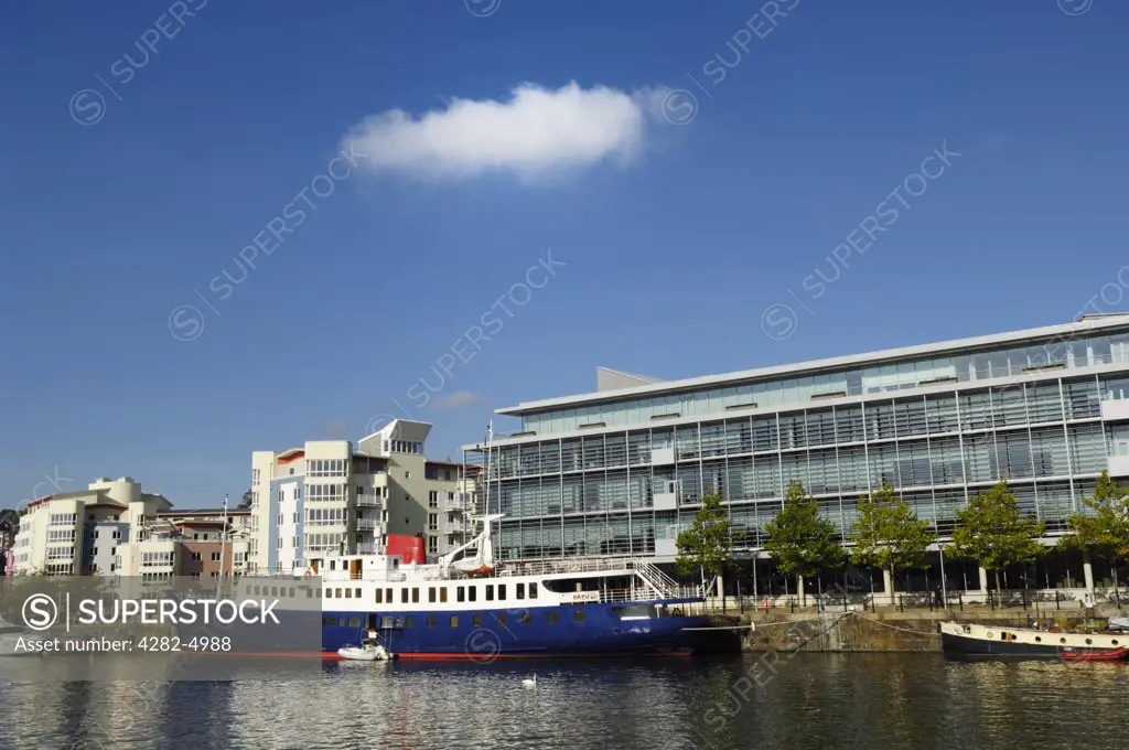 England, Bristol, Bristol. The cruise ship Harmony II berthed at Hannover Quay in the Bristol Floating Harbour.