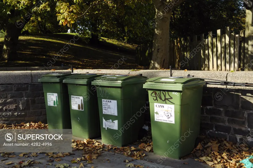 England, Bristol, Bristol. Green recycling bins in Castle Park.