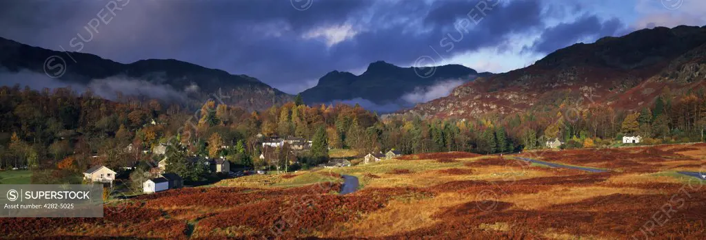 England, Cumbria, Elterwater. Elterwater and the Langdale Pikes in the Lake District National Park.