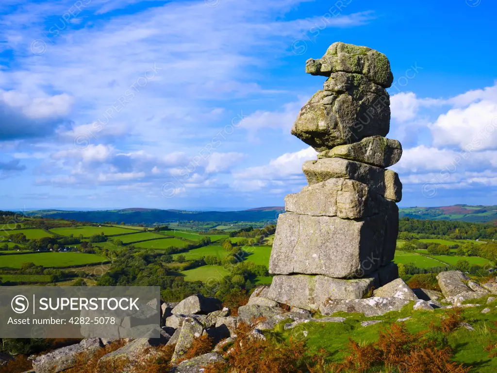England, Devon, Hayne Down. Bowermans Nose granite rock stack at Hayne Down in the Dartmoor National Park near Manaton.