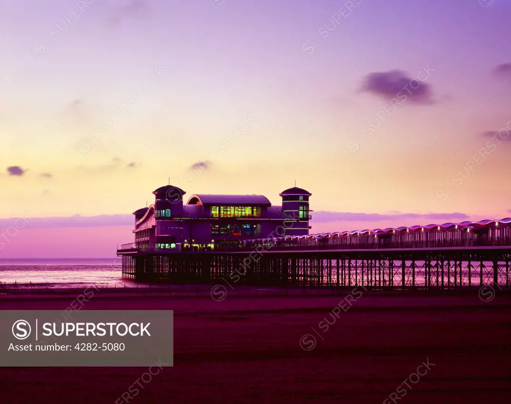 England, Somerset, Weston-super-Mare. The rebuilt Grand Pier at Weston-super-Mare at dusk.