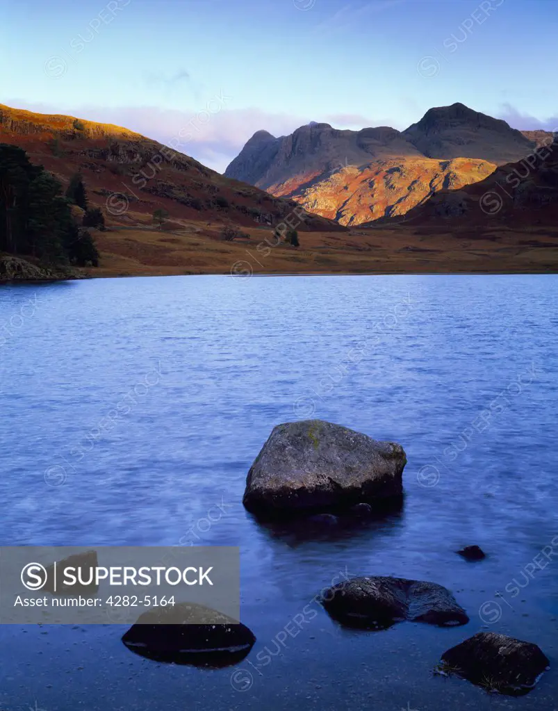 England, Cumbria, Blea Tarn. Dawn sunlight on the Langdale Pikes viewed over the water of Blea Tarn in the Lake District National Park.