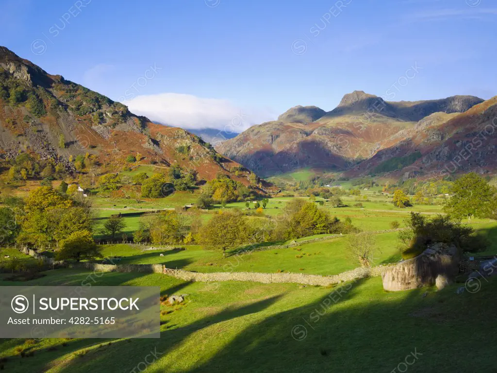 England, Cumbria, Chapel Stile. Autumnal morning light over Great Langdale valley viewed from Chapel Stile in the Lake District National Park.