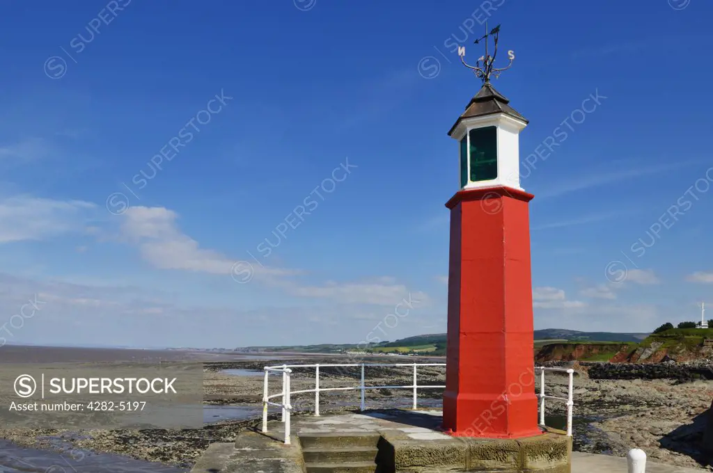 England, Somerset, Watchet. The Watchet Harbour Lighthouse, a navigational aid on the East Pier at the entrance to the marina at Watchet Harbour.