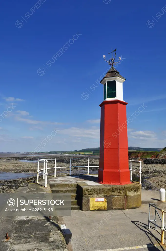 England, Somerset, Watchet. The Watchet Harbour Lighthouse, a navigational aid on the East Pier at the entrance to the marina at Watchet Harbour.