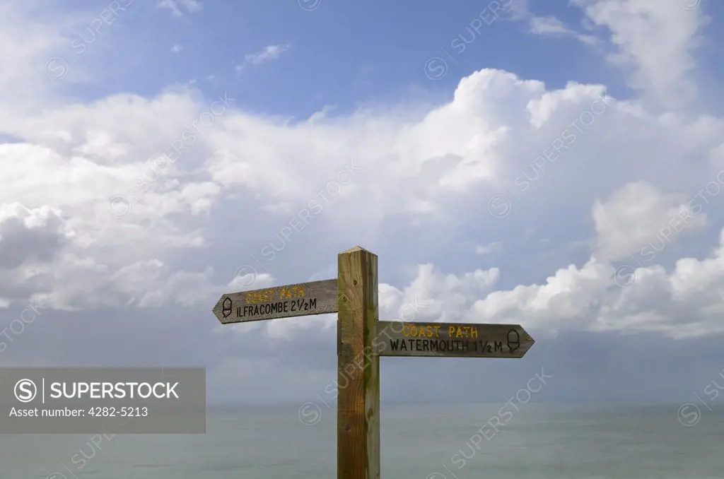 England, Devon, Ilfracombe. Signpost on the South West Coast Path on the North Devon coast between Ilfracombe and Watermouth.