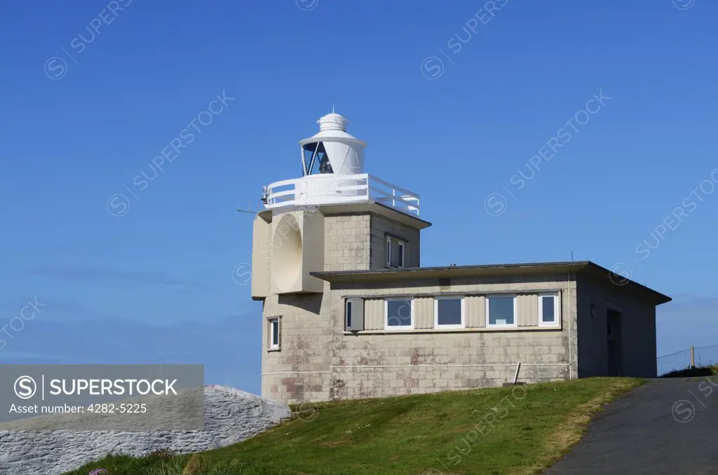 England, Devon, Mortehoe. Bull Point lighthouse near Mortehoe on the North Devon coast. The lighthouse was built in 1974 after the headland on which the original stood subsided.