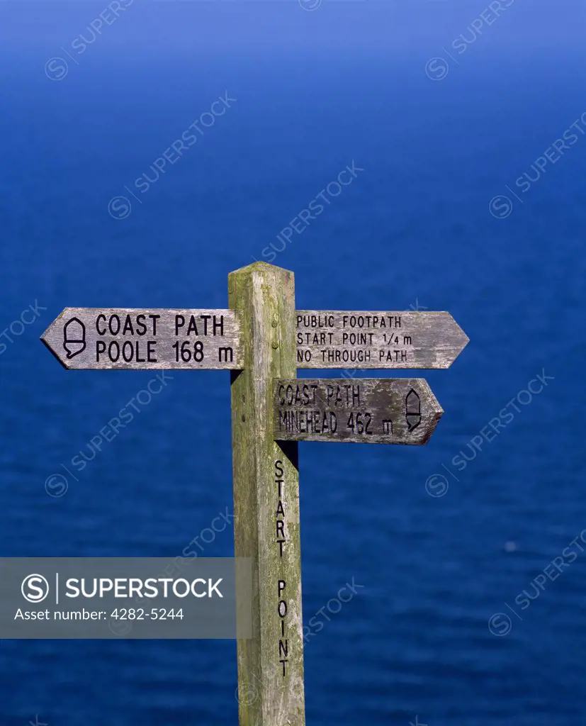 England, Devon, Salcombe. Signpost on the South West Coast Path at Start Point near Salcombe in Devon.