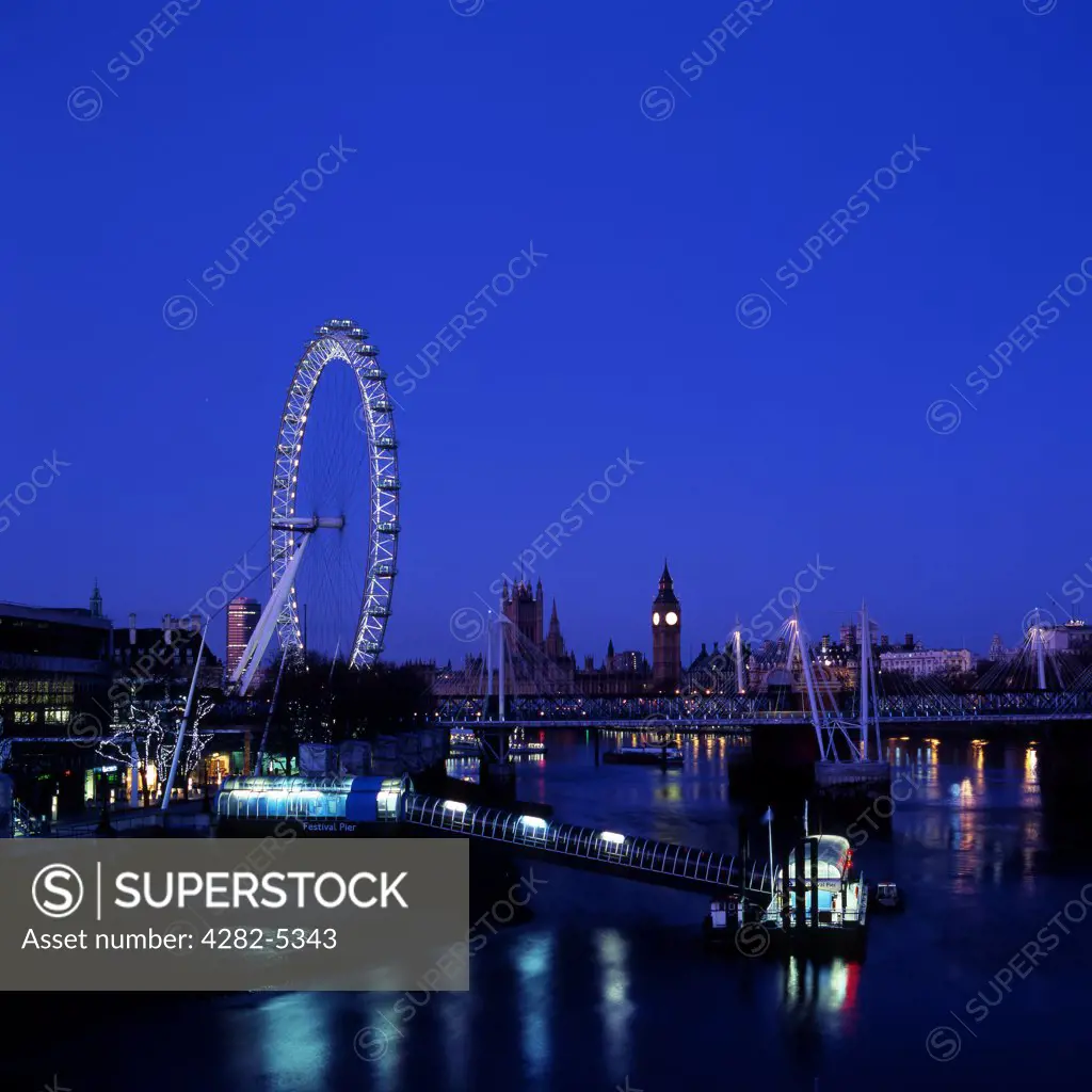 England, London, Southbank. London Eye at night. Opened in 1999, it is the largest observation wheel in the world.