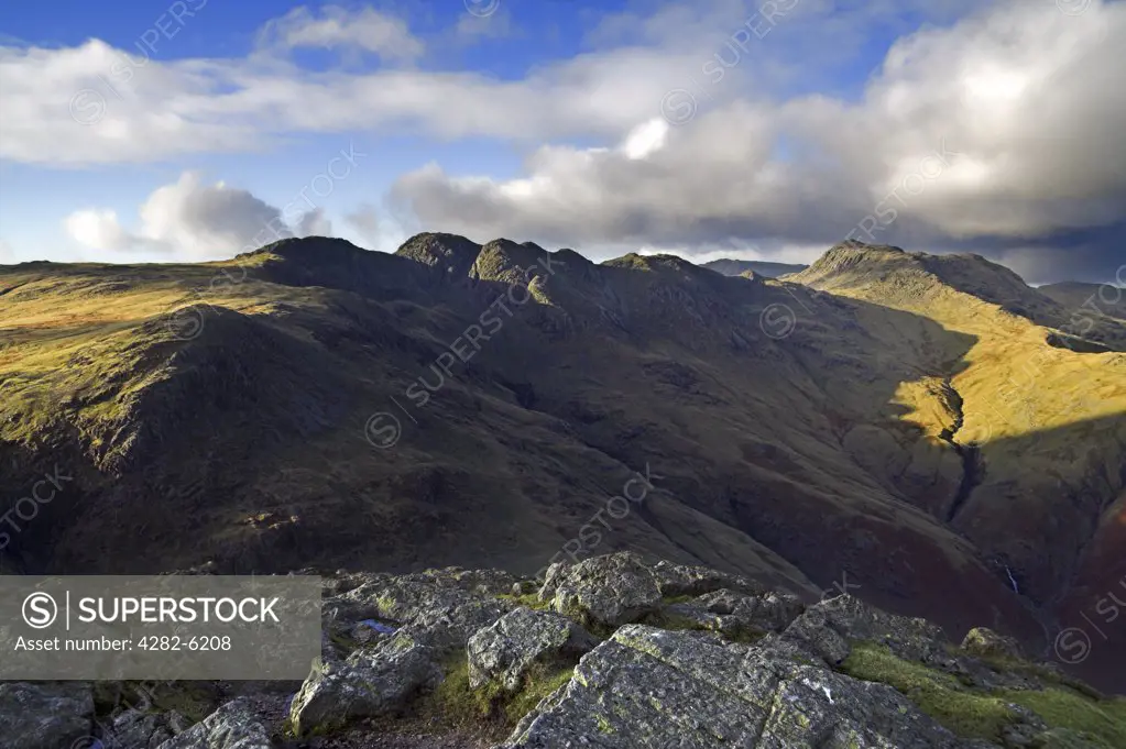 England, Cumbria, Langdale Pikes. The distinctive knobbly outline of the Langdale Pikes.