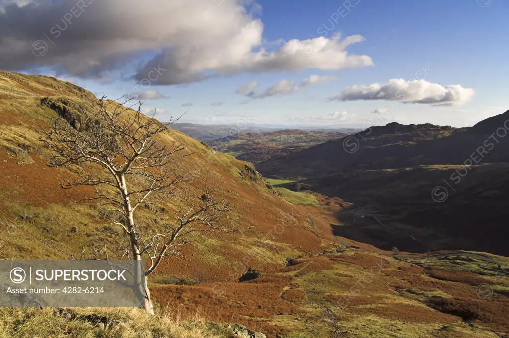 England, Cumbria, Wrynose Pass. The view towards Little Langdale from above Wrynose Pass.
