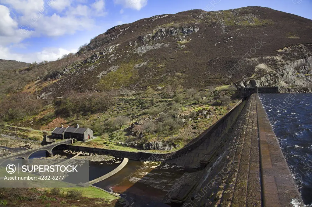 Wales, Powys, Elan Valley. Caban Goch dam in Elan valley. It was built to provide water for the people of Birmingham.