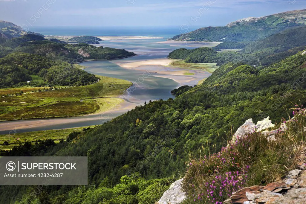 Wales, Gwynedd, Mawdach Estuary. A view toward the Mawddach Estuary. Morfa Mawddach is a beautiful estuarine valley that begins it's journey in the heart of Meirionnydd and opens out into Cardigan Bay.