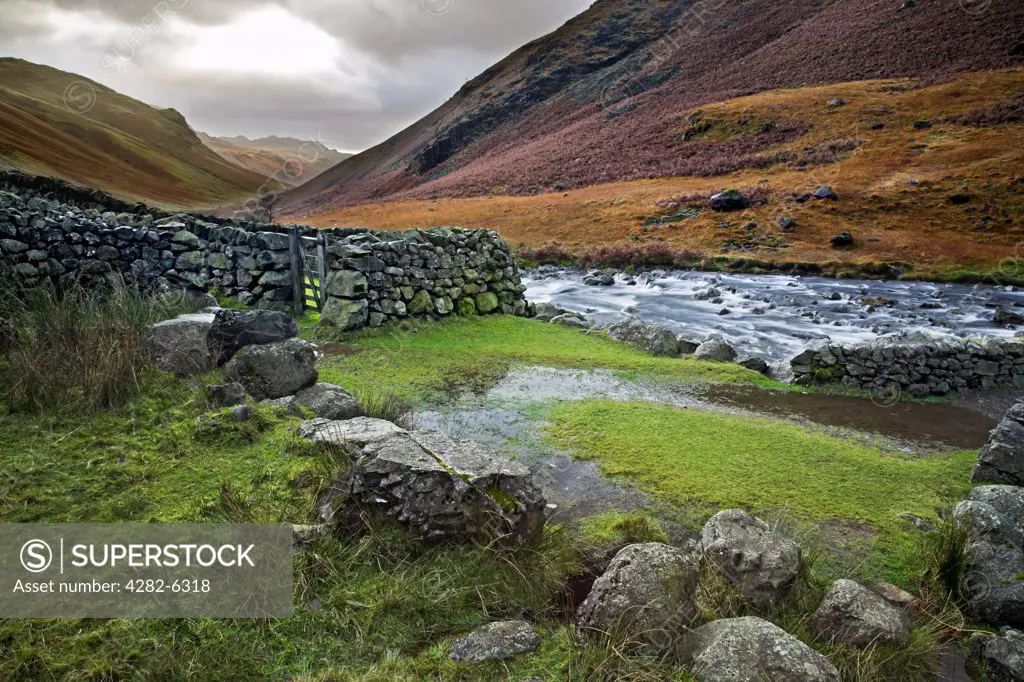 England, Cumbria, Brotherilkeld. A view of the River Esk near Brotherilkeld. The River Esk begins in Great Moss below Scafell Pike in the English Lake District and flows down to the sea at Ravenglass.