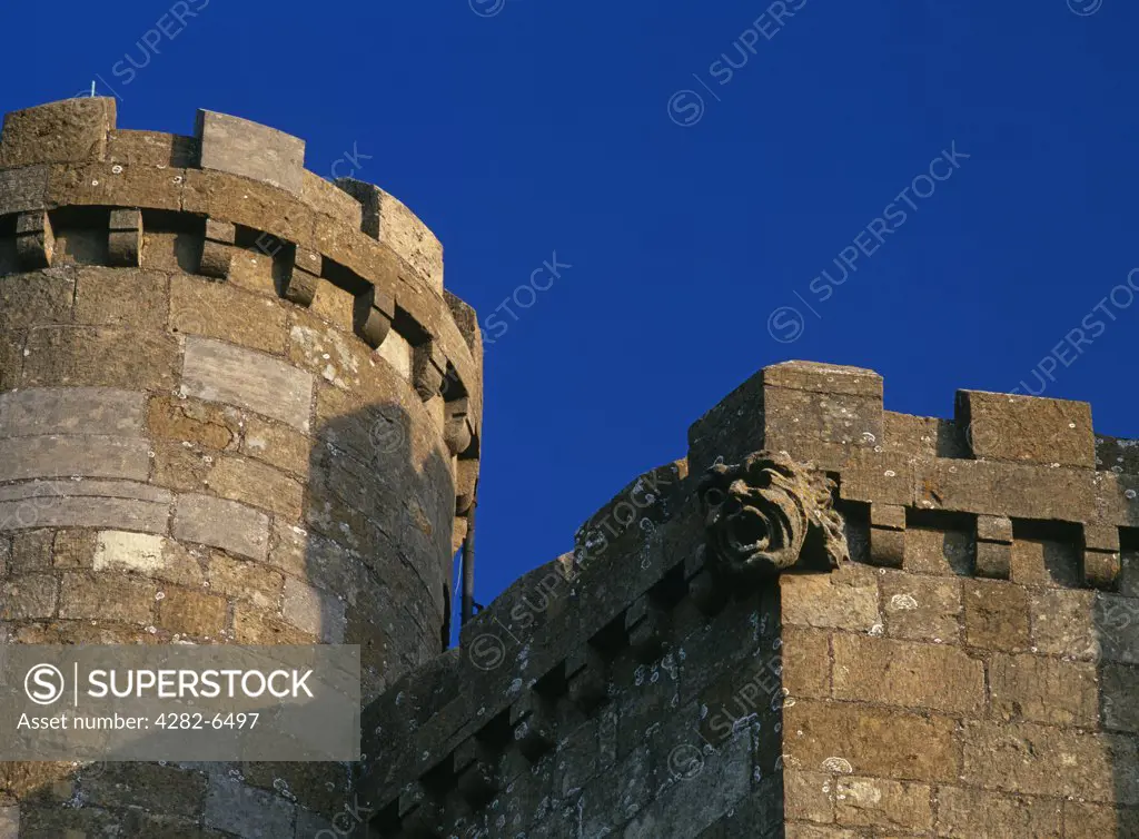 England, Worcestershire, Broadway. Close up of a gargoyle on Broadway Tower. The tower was the brainchild of Capability Brown and completed in 1798.