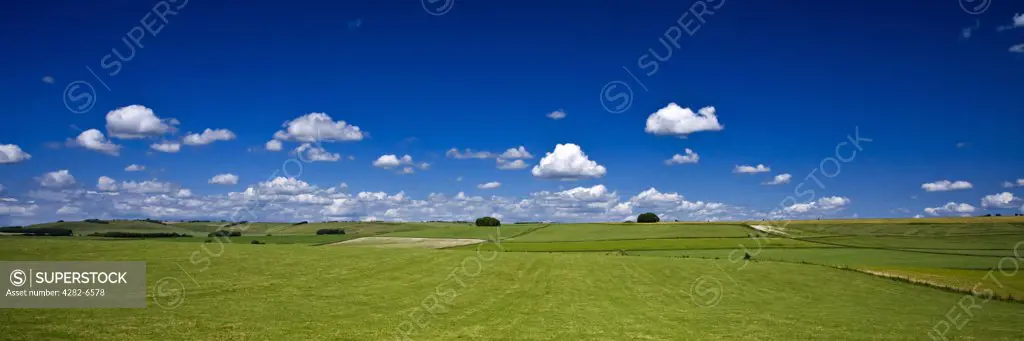 England, Wiltshire, near Avebury. Panoramic summer view of the Ridgeway path which stretches for 85 miles over four counties. The Ridgeway is the oldest footpath in Britain and was used as a trading route during the Bronze Age.