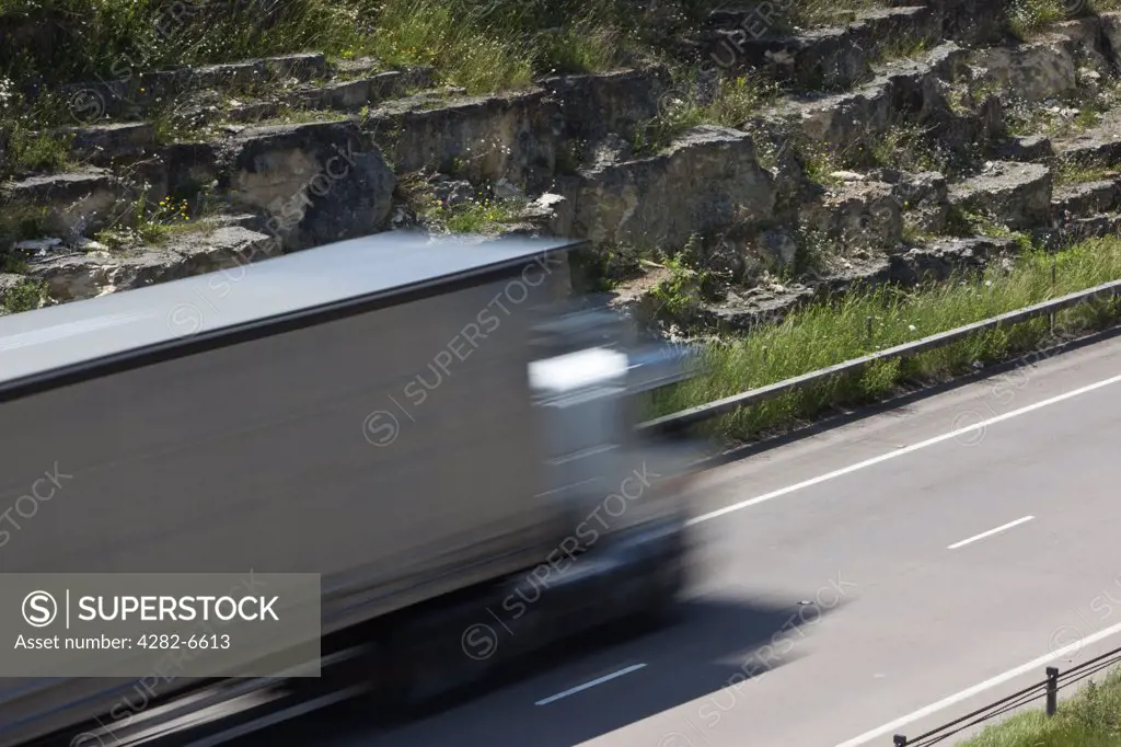 England, Gloucestershire, -. A lorry travelling on the A417 dual carriageway.