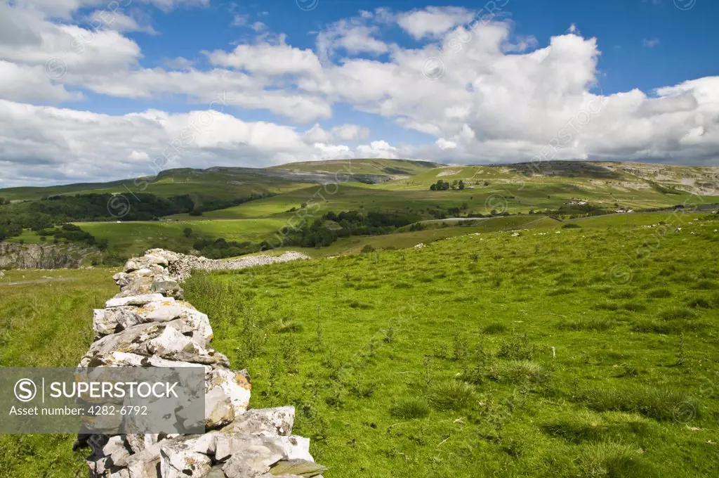 England, North Yorkshire, Ingleton. Traditional dry stone wall just outside Ingleton in the Yorkshire Dales.