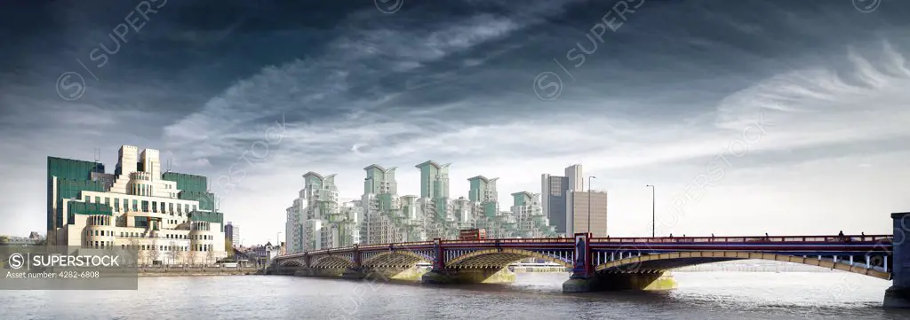 England, London, Vauxhall Bridge. A view across Vauxhall Bridge toward the MI5 building.