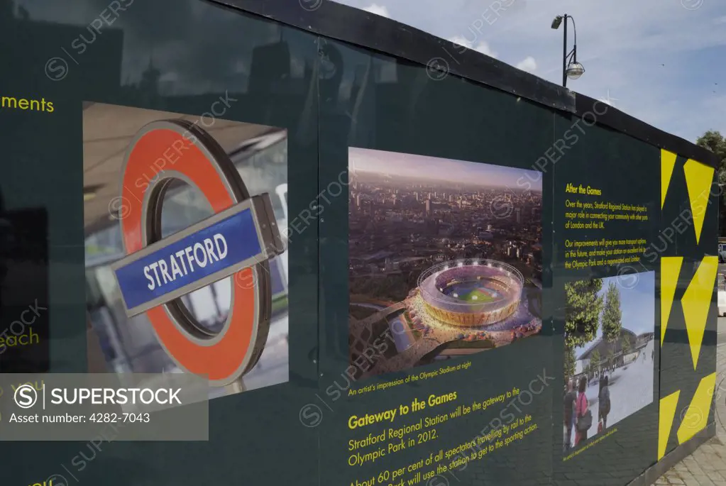 England, London, Stratford. Close up of hoardings outside Stratford underground station displaying information about Stratford's role in the London 2012 Olympics.