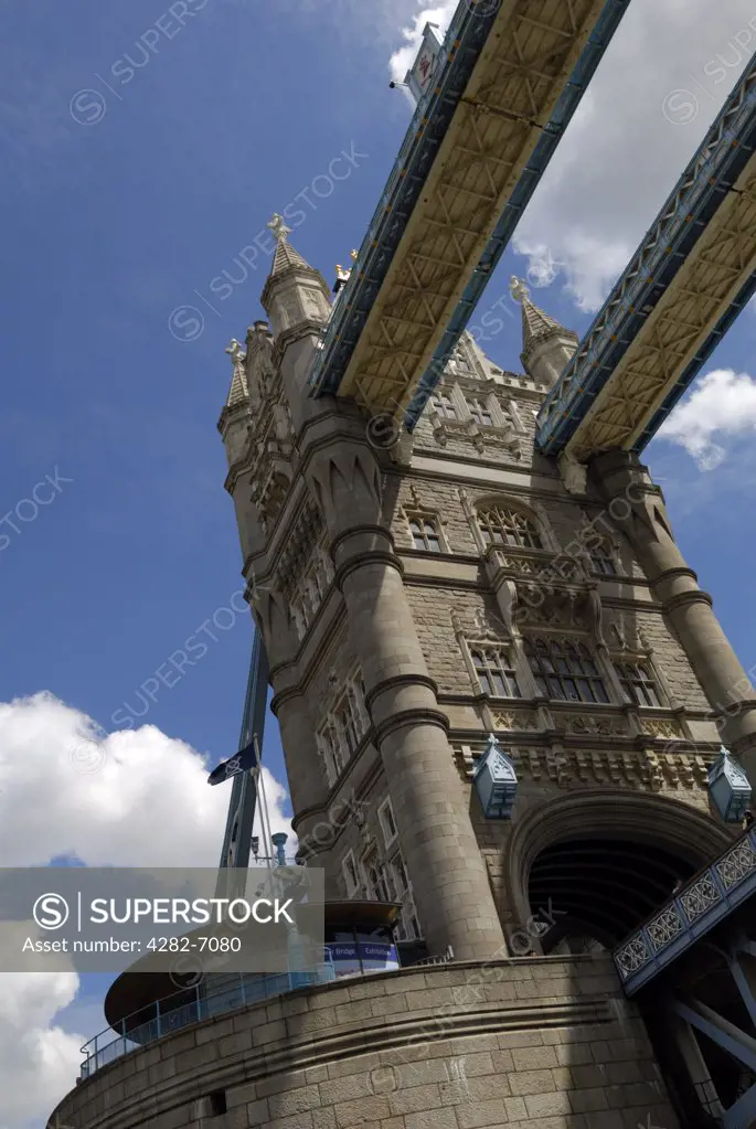 England, London, Tower Bridge. Looking up at one of the towers of Tower Bridge, one of London's most iconic landmarks.