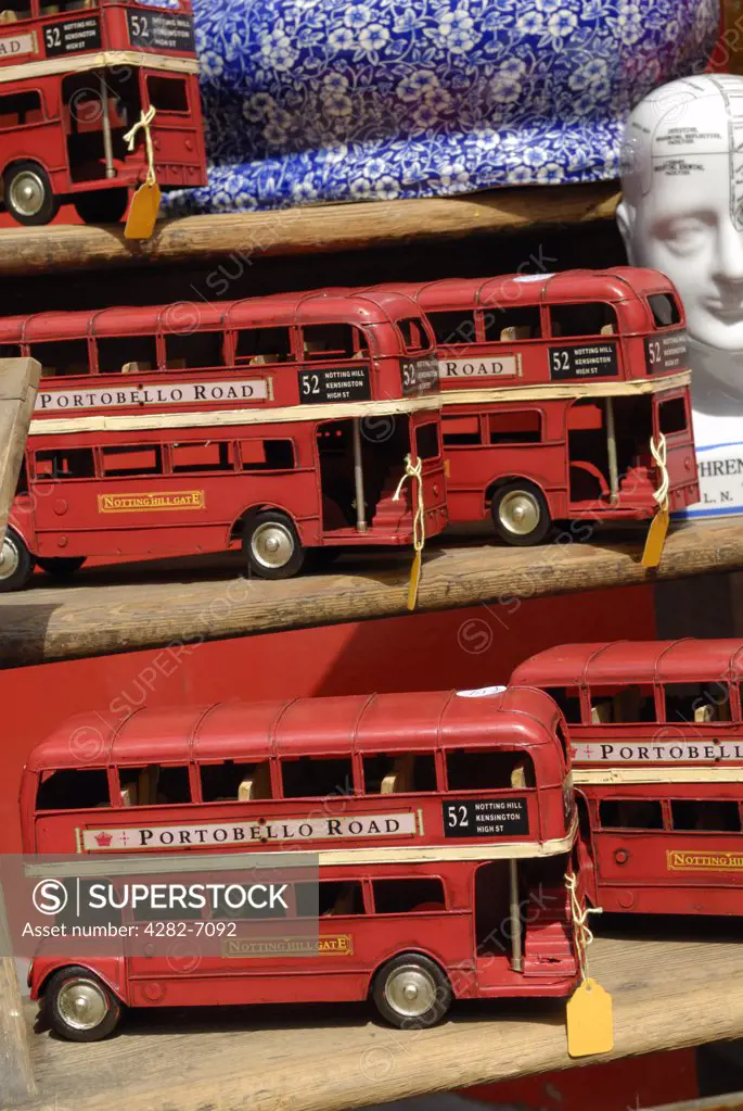England, London, Notting Hill. Model buses on display in an antique shop in Portobello Road.