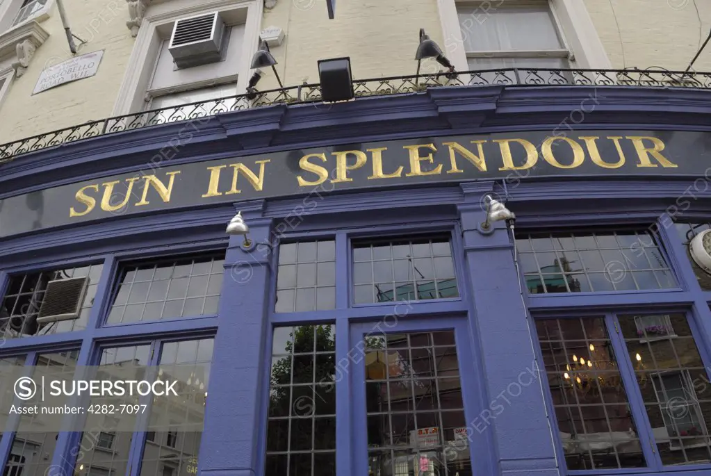 England, London, Notting Hill. The front of the Sun in Splendour pub in Portobello Road, Notting Hill. The Sun in Splendour is the oldest pub in Notting Hill.