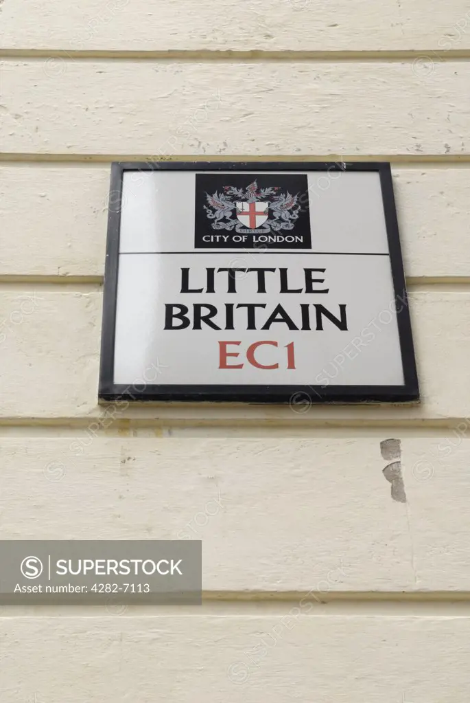 England, London, City of London. Little Britain street sign in EC1, also the name of a popular television comedy programme.