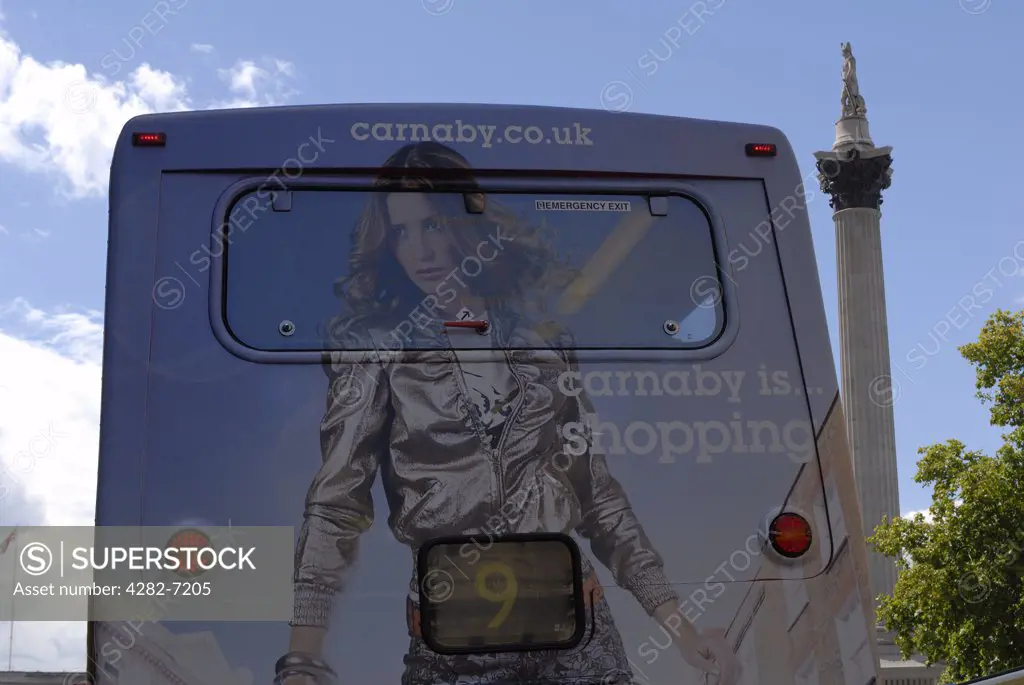 England, London, Trafalgar Square. Carnaby Street advertisement on the back of a bus at Trafalgar Square.