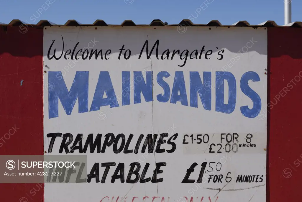 England, Kent, Margate. Detail of signage welcoming visitors to Margate beach.