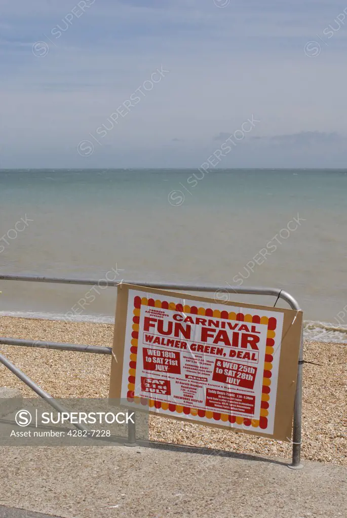 England, Kent, Deal. A notice advertising Deal fun fair on the promenade at Deal.