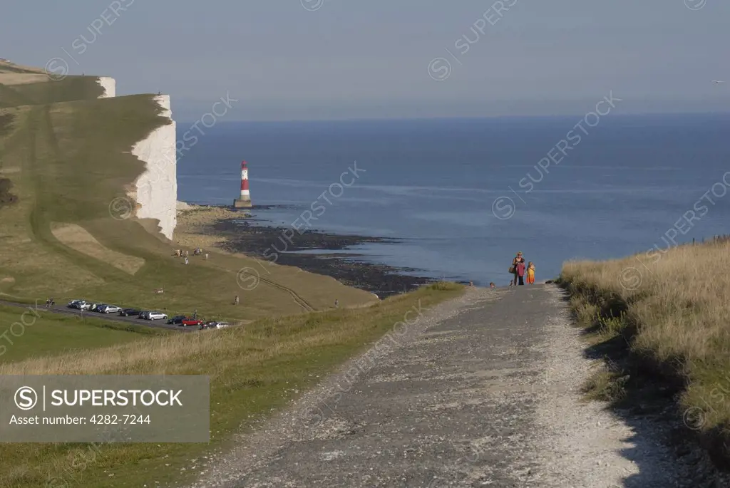 England, East Sussex, Beachy Head. View along a coastal path toward Beachy Head.