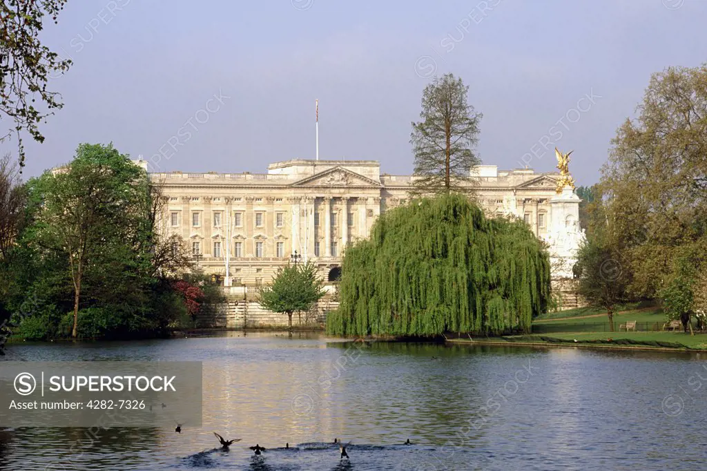 England, London, The Mall. Buckingham Palace seen across St James' s Park at dawn.