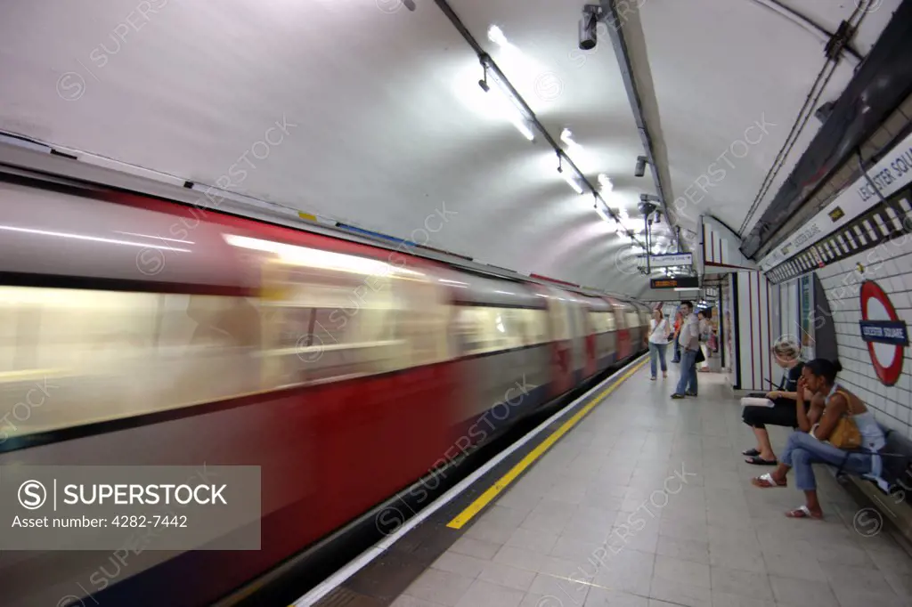 England, London, Leicester Square. Platform of Leicester Square underground station in London.The London Underground is the world's oldest underground system which began in 1863.