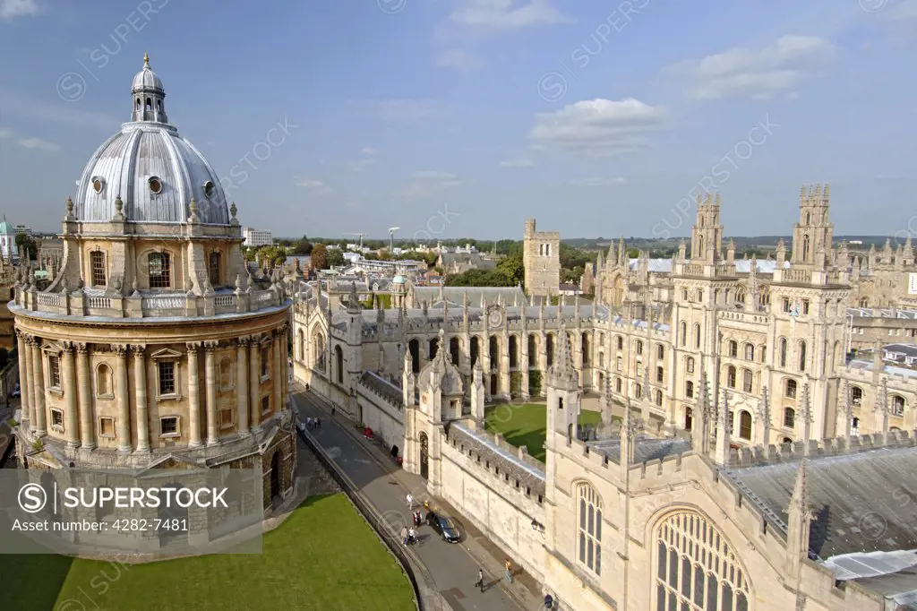 England, Oxfordshire, Oxford. The Radcliffe Camera and All Souls College. Originally a science library, it has become a reading room of the Bodleian Library.