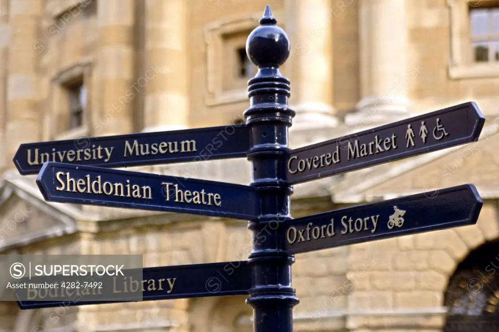 England, Oxfordshire, Oxford. Signpost in the town of Oxford in England. Oxford became a city in 1542  and is known as the ' city of dreaming spires'.