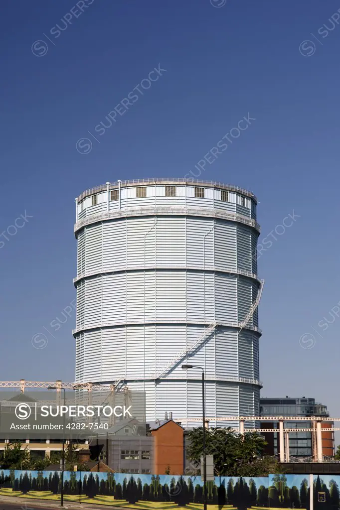 England, London, Battersea. Gasometer structure for storing gas in Battersea.