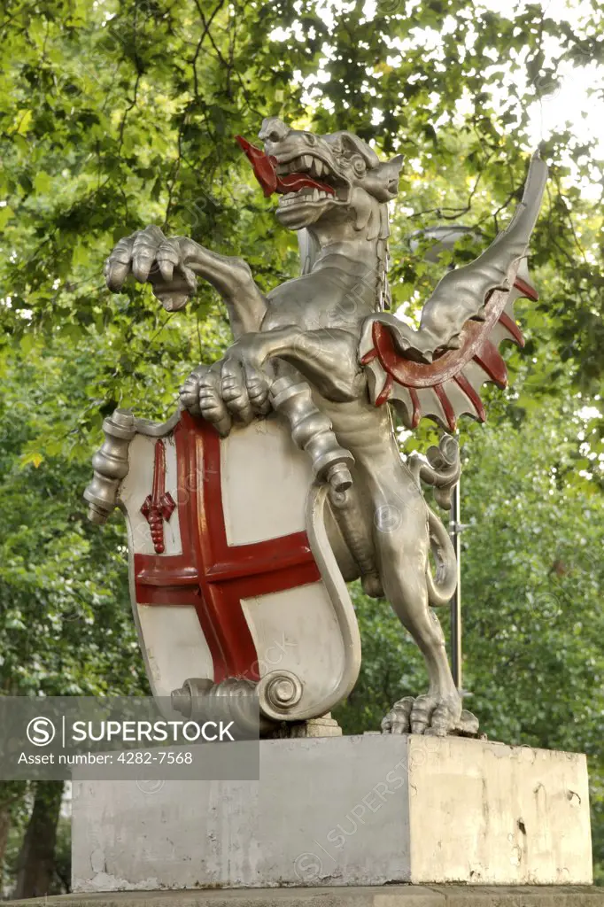 England, London, Embankment. One of the two Griffen dragon statues that stand either side of the Victoria Embankment. They mark the border between the city of London and city of Westminster.