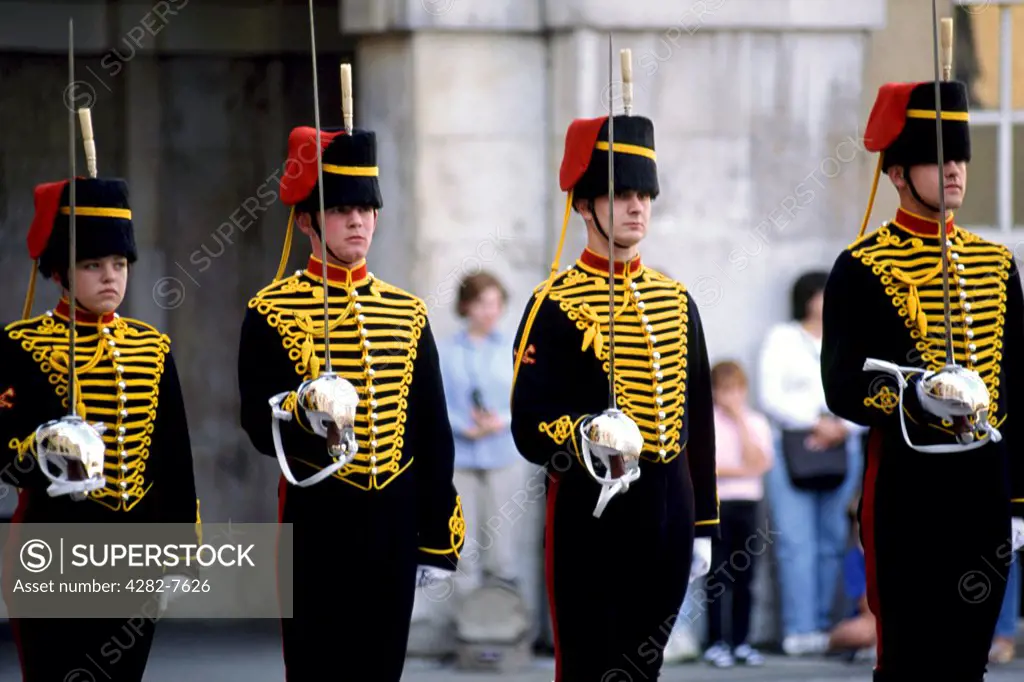 England, London, Whitehall. A quartet of horse guards at Horse Guards Parade in London.