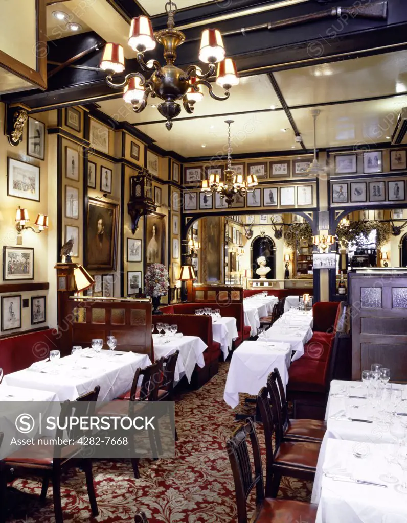 England, London, Covent Garden. The interior of the Victorian era Rules restaurant in Covent Garden.