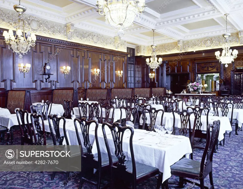 England, London, The Strand. The interior of the Victorian era Simpsons restaurant in the Strand.