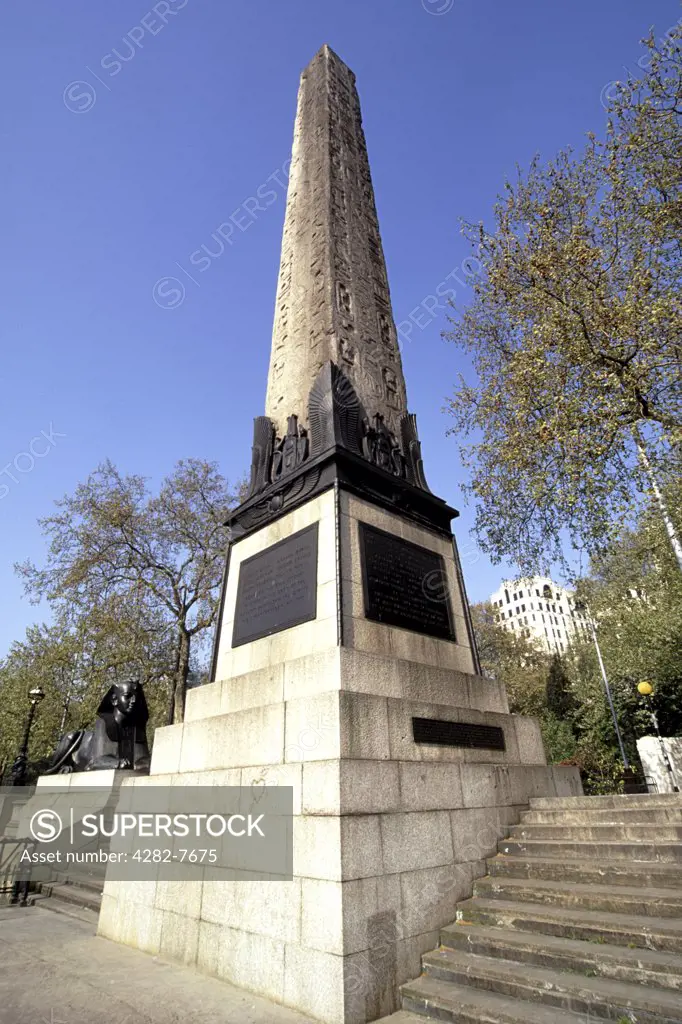 England, London, City of Westminster. Cleopatras Needle residing on the north bank of the River Thames in London.