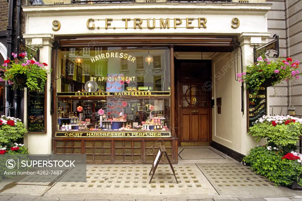England, London, Mayfair. The exterior of George Trumper Victorian era barber shop in Mayfair.